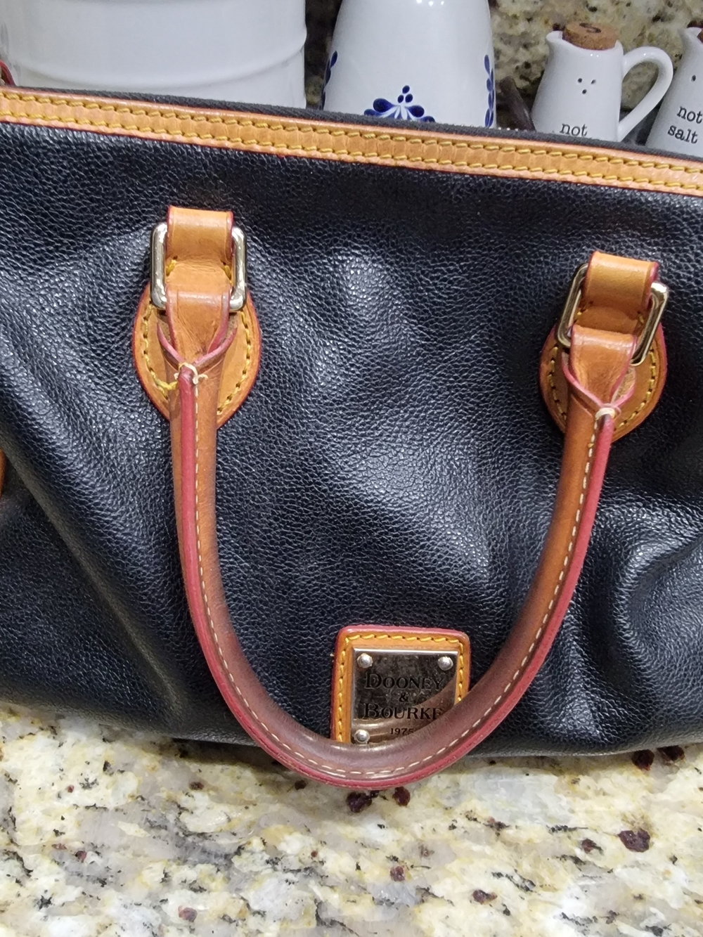 Dooney & Bourke Black Leather Satchel with Brown Trim - Picture 2 of 6